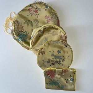 Vintage Chinese Floral and Pagoda Designed All Purpose Pouches (Set of 4) Yellow